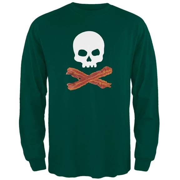 Bacon Skull And Crossbones Dark Green Adult Long Sleeve T-Shirt - Large