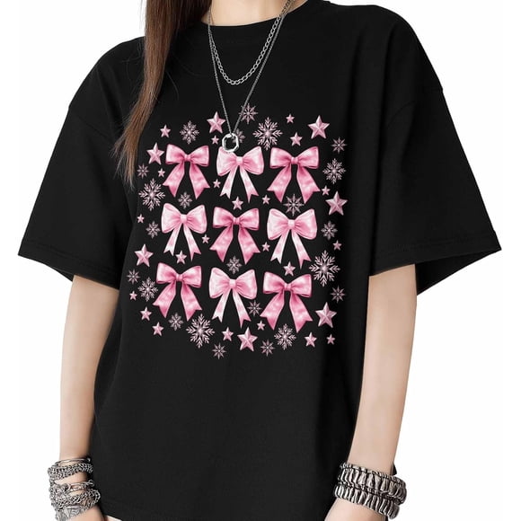 T Shirts for Womens Christmas Pink Bowknot Short Sleeve Graphic Tees Loose Fit T-Shirt Cotton Casual Tops