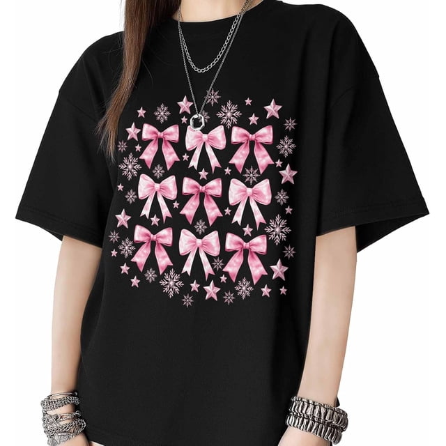 T Shirts for Womens Christmas Pink Bowknot Short Sleeve Graphic Tees Loose Fit T-Shirt Cotton Casual Tops