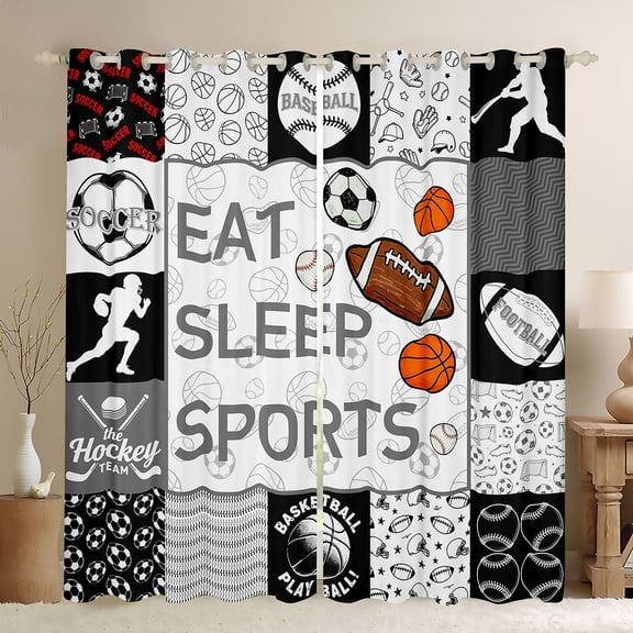 Homewish Eat Sleep Sports Black Out Curtains for Kids Teens Adults,Basketball Football Baseball Curtains Pack of 2 (42x63 Each),Ball Gamer Bedroom Curtains,Lightweight Room Decor