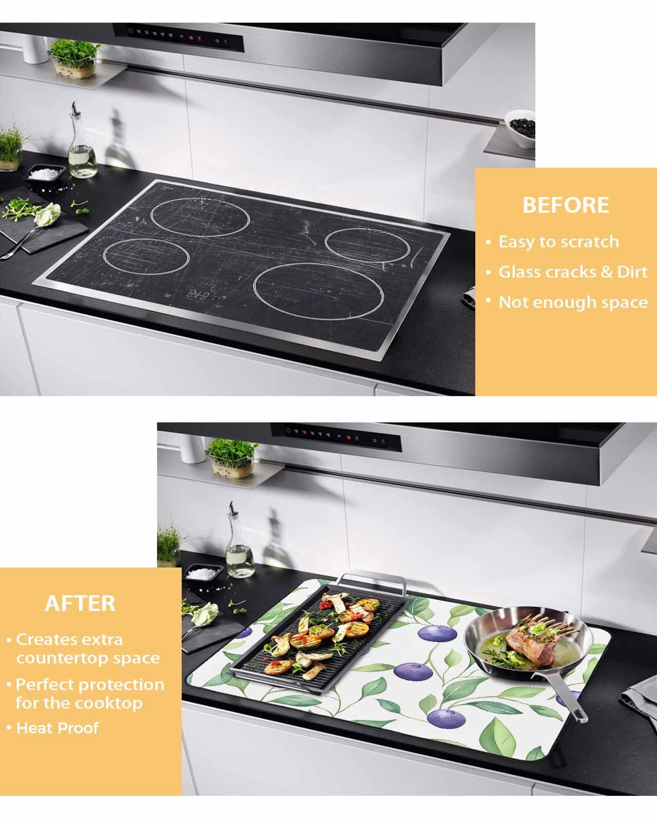 nqOlkjepod Large Induction Cooktop Protector Mat 24"x21", Summer Fruit Stove Top Covers for Electric Stove, Blue Berry Vintage Leaf Watercolor Green Stove Burner Cover Mats, Glass Top Stove Cover