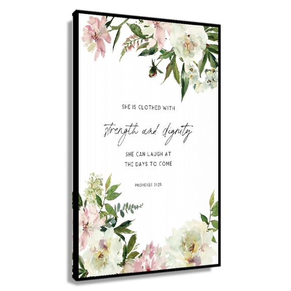 Proverbs 31 25 Bible Verse Wall Art Floral Scripture Print Christian Home Decor Gift Printable Wall Art Decor, She Is Clothed with Strength