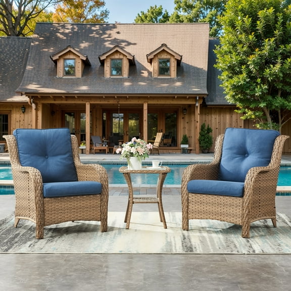 Gymojoy 3 Piece Patio Conversation Bistro Set Outdoor Chat Furniture, Porch Balcony Furniture Set,Wicker Lounge Chairs with Side Table Set,Navy