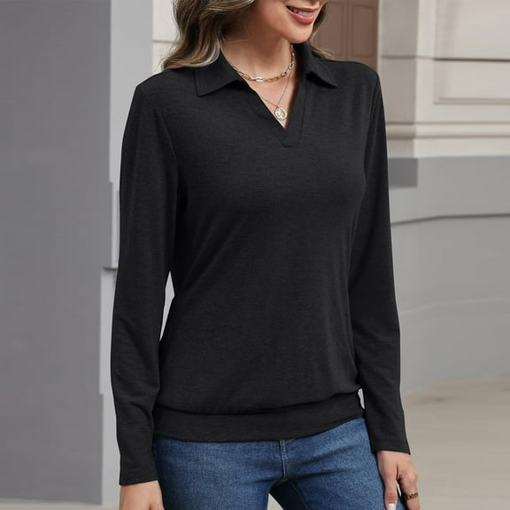 Womens Polo Shirts Long Sleeve Banded Bottom Tops Business Casual Tops Collared V Neck Blouses Black M