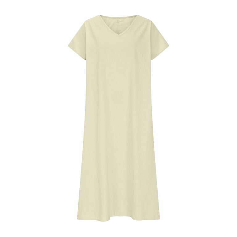 Crunowin Women's V-Neck Linen Short Sleeve Dress Breathable Casual Summer  Beach Midi Dress White Size 4XL - Walmart.com