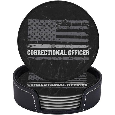 

Corrections Officer Thin Silver Line American Flag Funny Coasters Profile Novelty Leather Coaster Set - 6 Pcs Leather Coasters with Holder for Home Decor and Office
