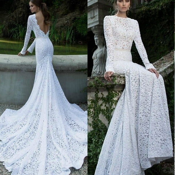 2019 New Elegant Women Spring Ball Gown White Lace Wedding Dress Sexy Bridal  Luxurious 