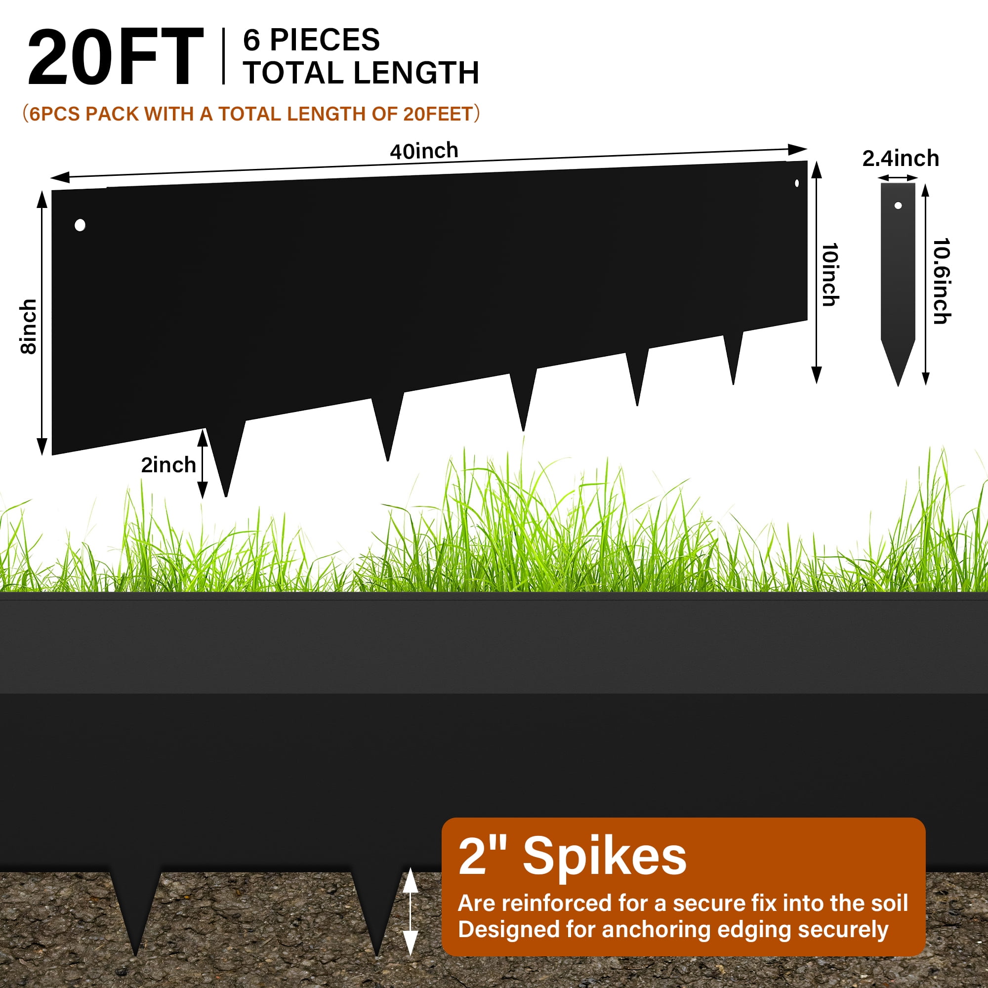 10" Black Edging for Landscaping Corten Steel Garden Fence Border Landscape DIY Flower Bed Lawn Pathway Grass Yard Outdoor Decorative Metal Fence Divider Edge Strips Stakes No Dig Hammer-in 6PCS