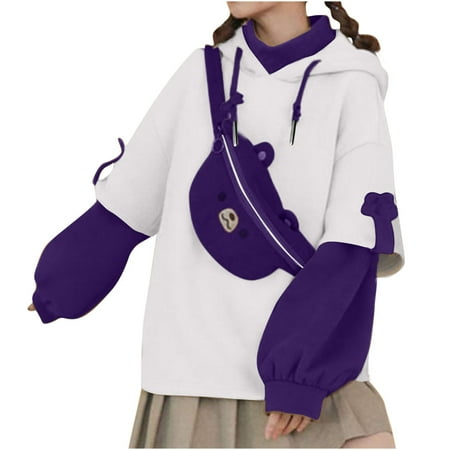 IROINNID Women s Long Sleeve Sweatshirt Mid-Length Color Block Loose Autumn Winter Sweatshirt with Personality Messenger Bag 2PC  Purple