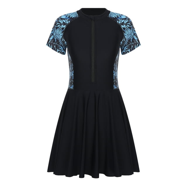 iiniim Women Plus Size One Piece Swimsuit Short Sleeve Rash Guard Swimming Dress Modest Beach Bathing Suit Blue 3XL