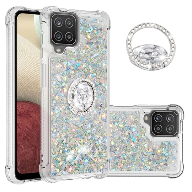 Funda para Samsung Galaxy A12 con Brillo Líquido Flotante, Purpurina, Parachoques y Anillo Giratorio Soporte