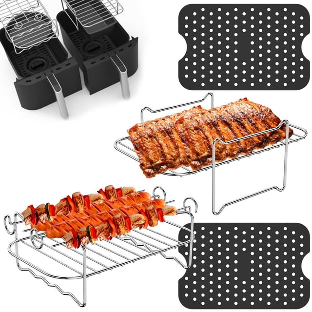Air Fryer Accessories Set with 2 Air Fryer Silicone Mat 2 Stainless Steel Air Fryer Rack with 4 Skewers Reusable Non-Stick Heat-Resistant Rectangle Dehydrator Rack 4Pcs