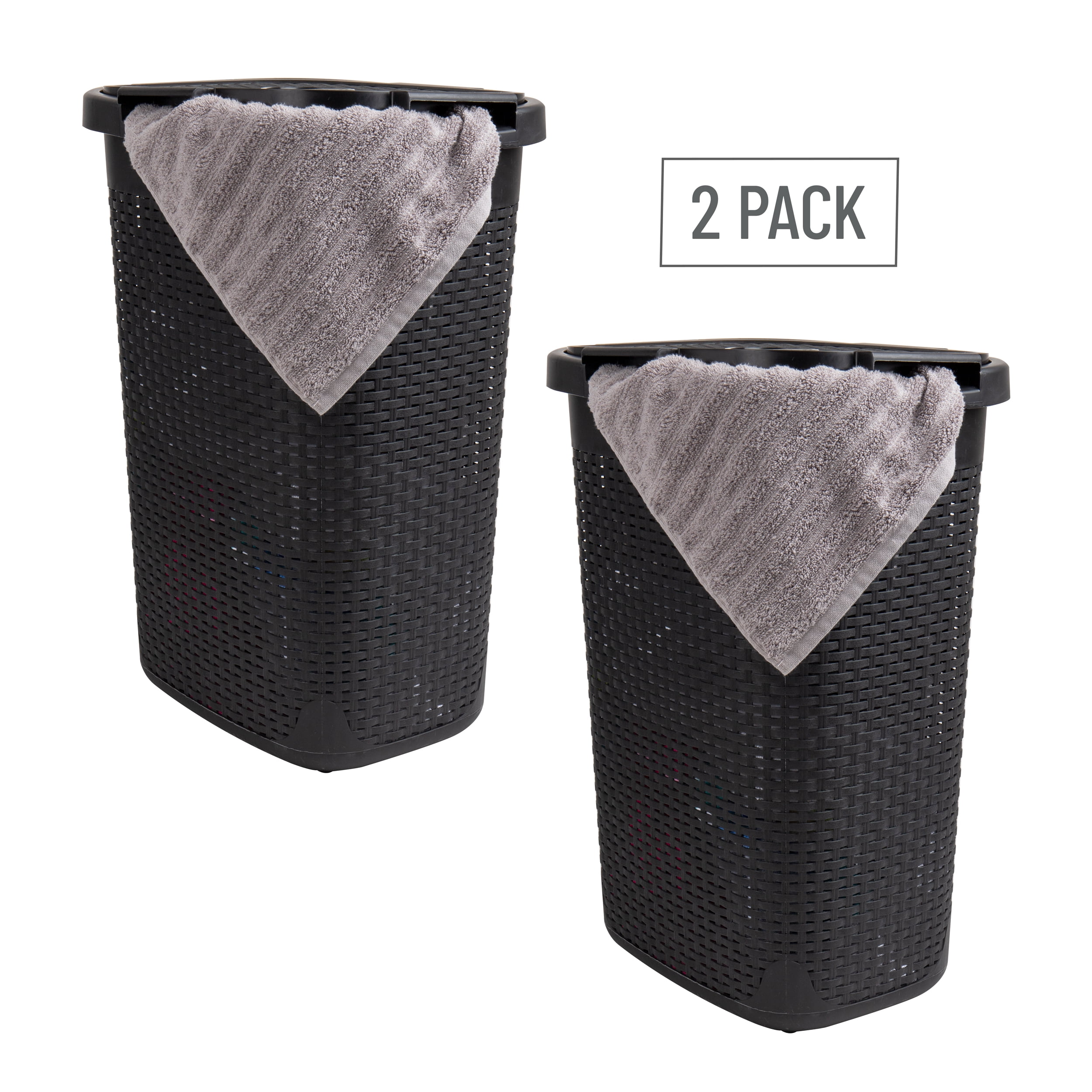 Mind Reader 60L Slim Laundry Hamper, Clothes Basket, Lid, Wicker Style, Plastic, 17.65"L x 13.75"W x 24.15"H, Set of 2, Black