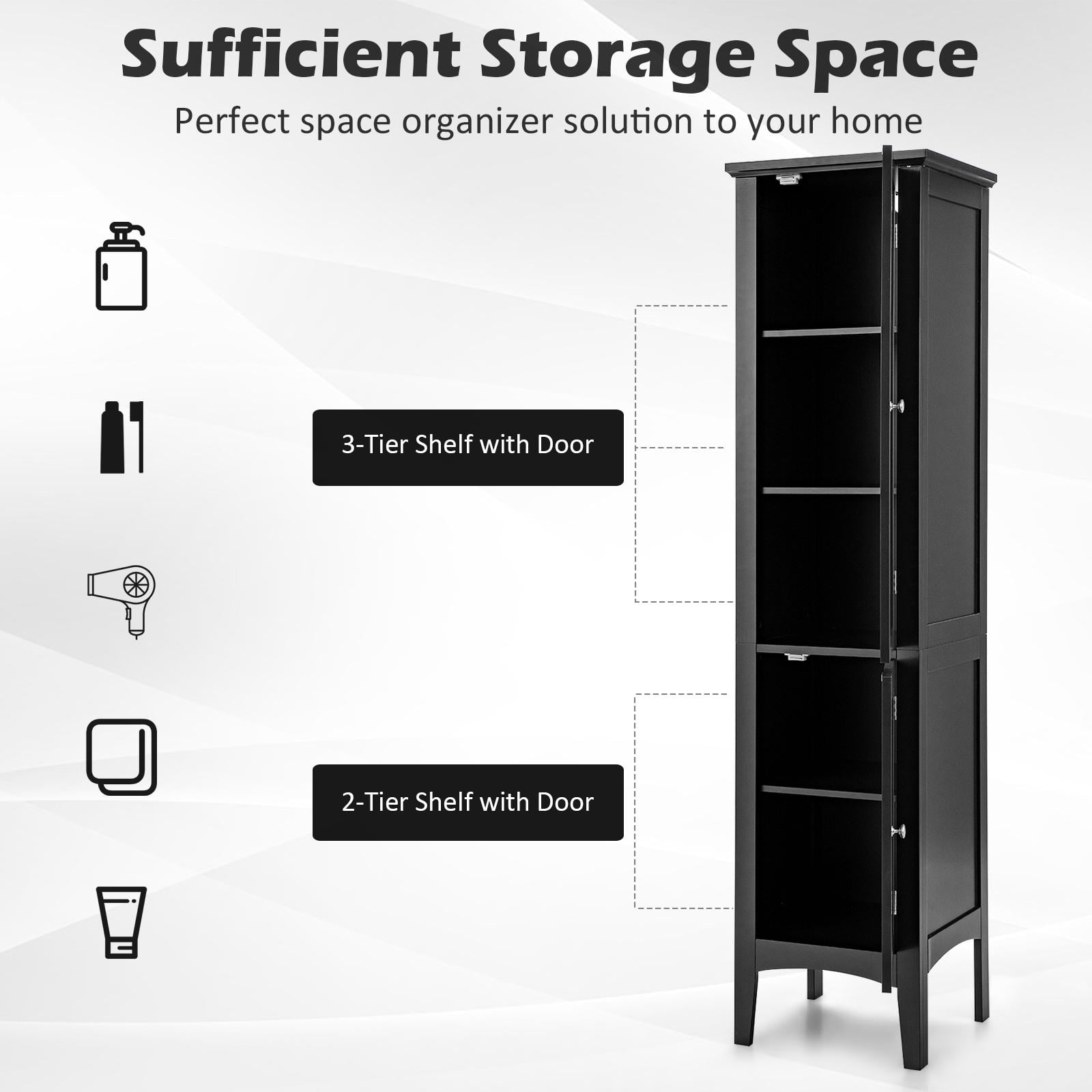 Giantex High Storage Bathroom Cabinet, Freestanding Slim Organizer,  Linen Tower Narrow Floor Cabinet, Black