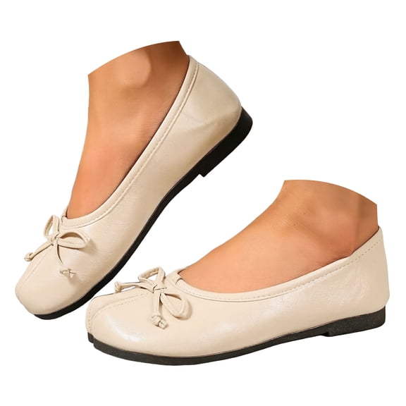 Rokment Bow Tabi Ballet Flats Shoes for Women Wide Width Split Round Toe Low Heels Comfortable Slip on Dress Loafers Business Office Work Casual Footwear Beige Size 6