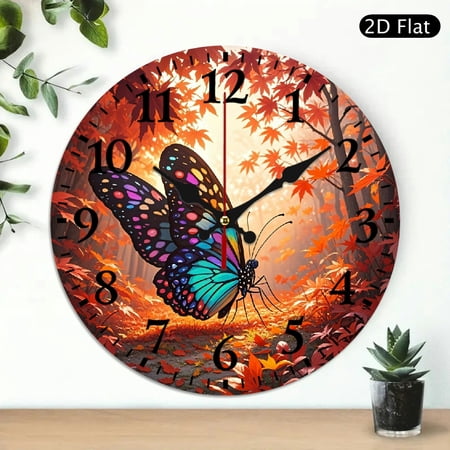 Colorful Butterfly Forest Circular Wall Clock, Autumnal Woodland Nature Scene, 10x10 Inch Round Decorative Timepiece, 1pc, Battery Not Included