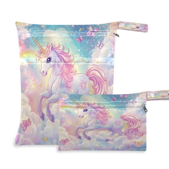 2 Pack Wet Dry Bags Waterproof Reusable Wet Bag with Handle for Travel,Diapers,Dirty Gym Clothes and Toiletries Rainbow Colors Unicorn