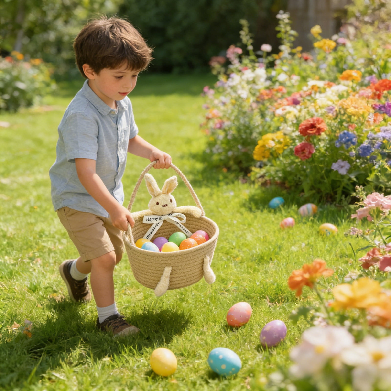 Tyidzon Bunny Easter Basket, Hand-woven Baskets for Gifts Empty, Small Picnic Basket for Easter Decorations Kids Boys Girls Egg Candy Hunts, Beige 12"