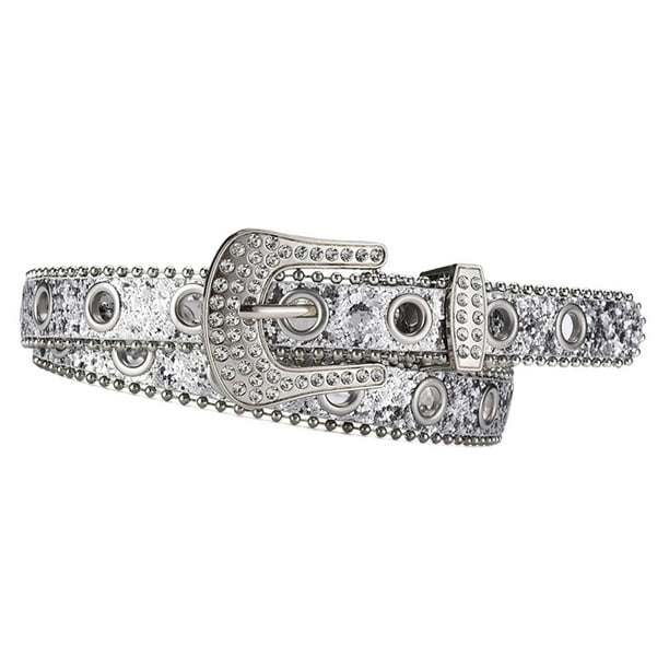 Cinturón de mujer con diamantes de imitación y hebilla de metal moderno, brillante, decorativo, Y2K. Plata