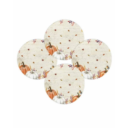 Fall Round Placemats Set of 4 Harvest Pumpkin Place Mats Thanksgiving Woven Placemat Bird Autumn Maple Leaves Retro Circle Braided Table Mat for Kitchen Dining Table Autumn Party Home Decor 15 Inch