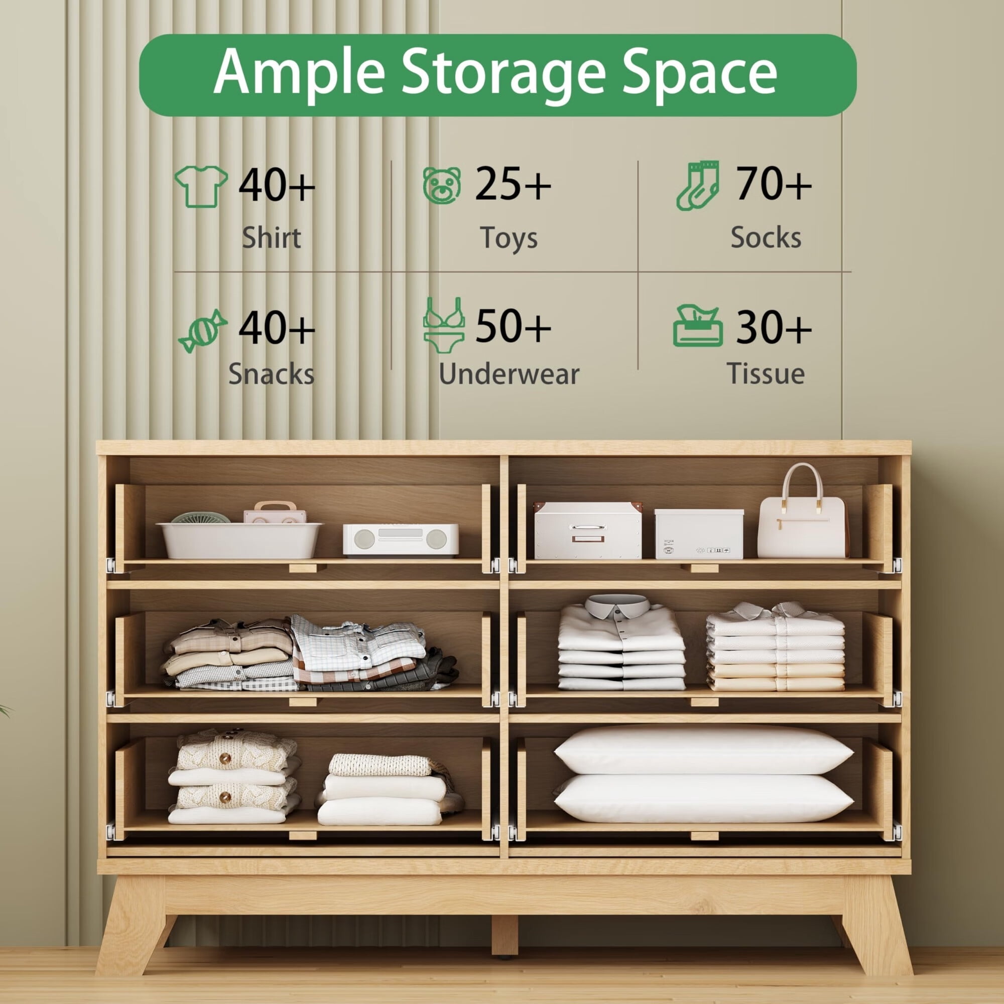 FANRAL 6 Drawers Dresser Fluted Dresser for Bedroom,Wooden Chest of Drawers Modern Dresser for Closet,Natural Oak Dresser