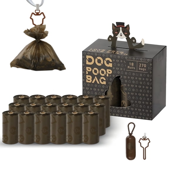 Skdwakiz Dog Poop Bags with Dispenser & Hanging Hoder - 18 Rolls 270 Counts, Extra Thick Leak-Proof Waste Bags with Coffee Scent for Dog and Cat, Brown