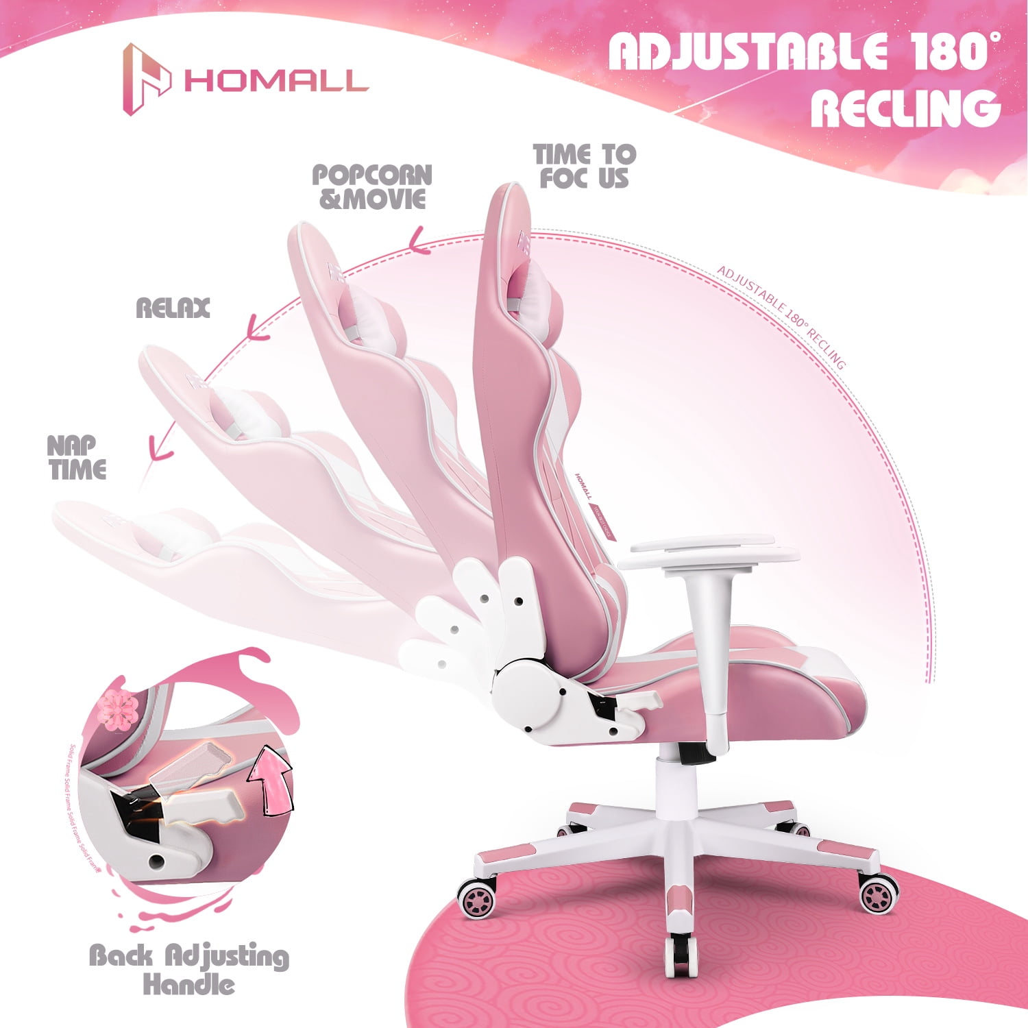 Homall Gaming Chair office Chair with Headrest & Lumbar Support, Pink