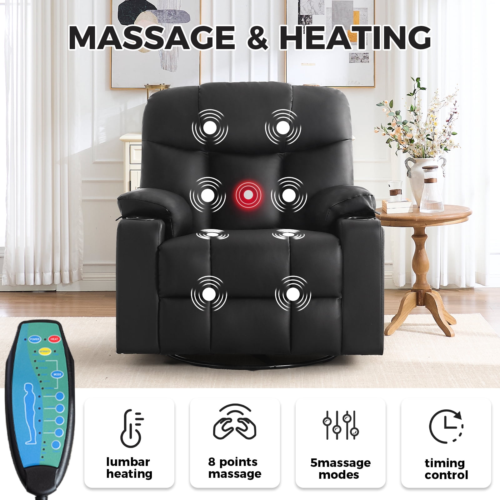 Bonzy Home Rocker Recliner Chair with Swivel Base, Massage & Heat, 2 Cup Holders – Comfortable Recliner for Living Room, Bedroom, Black