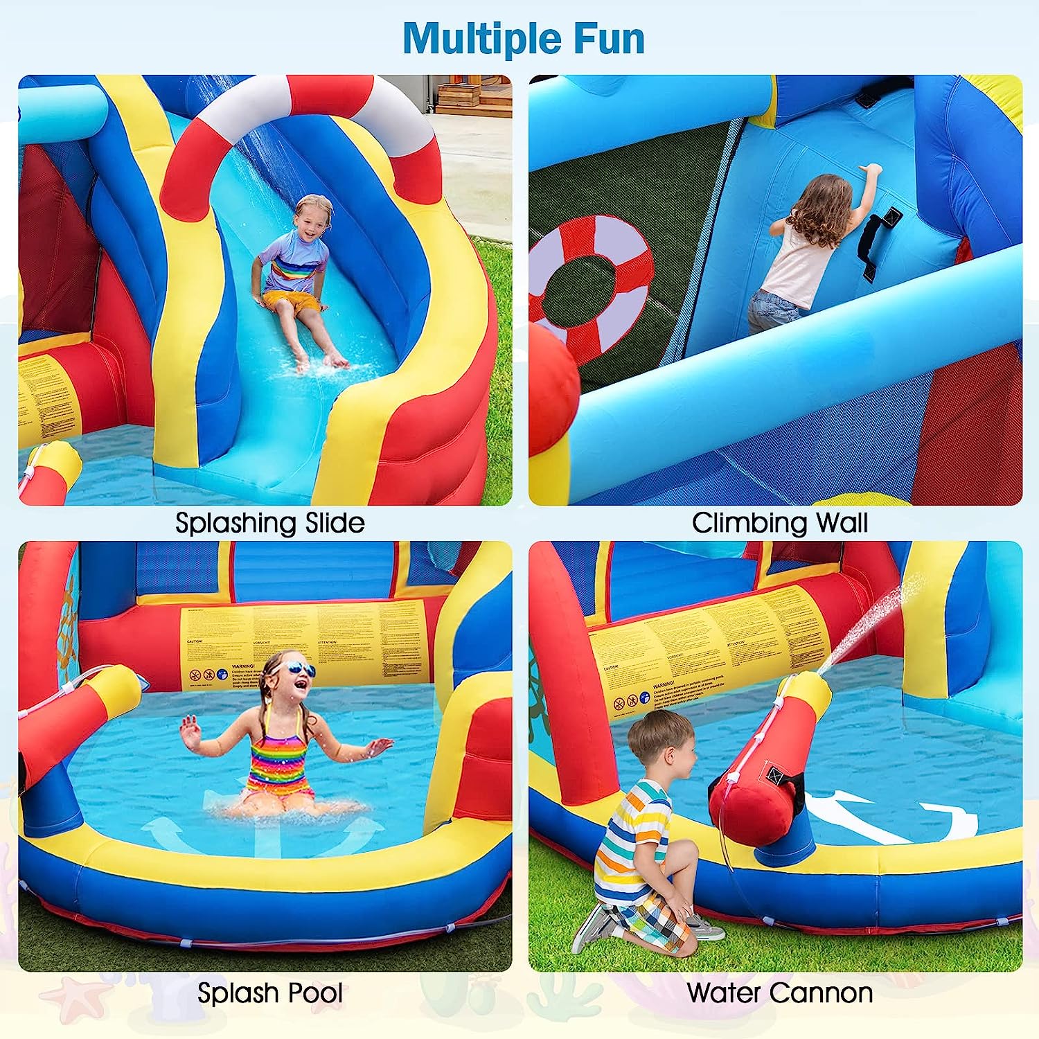 OLAKIDS Inflatable Water Slides, Nautical Themed Bouncy House with Slide, Splash Pool, Climbing Wall, Water Blast, Outdoor Jumping Castle with Hose, Carry Bag, Repairing Kit, Stakes (with Air Blower)