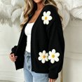 thumbnail image 5 of Womens Open Front Knit Cardigan 3D Daisy Floral Applique Long Sleeve Loose Fit Solid Color Casual Knitted Sweater Coat Black S, 5 of 5