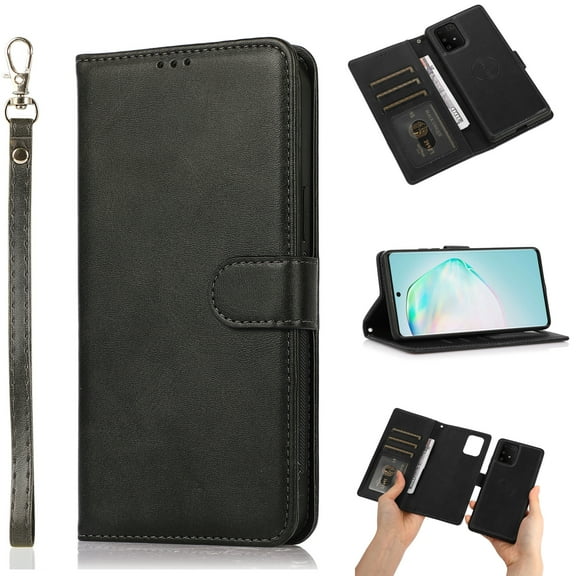 Wallet Case Compatible with Galaxy A72 5G, Allytech Slim Detachable Magnetic Closure Flip Pouch Kickstand Wrist Strap Card Holder Protective Case for Samsung Galaxy A72 5G 6.7" 2021, Black