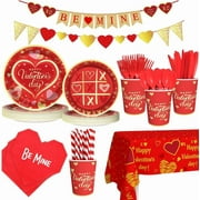 Happy Valentine's Day Party Supplies, Red Heart Love Disposable Paper Plates Napkins Cups plastic Tablecloth for Valentine's Day, Engagements, Anniversary, Party Serve 24