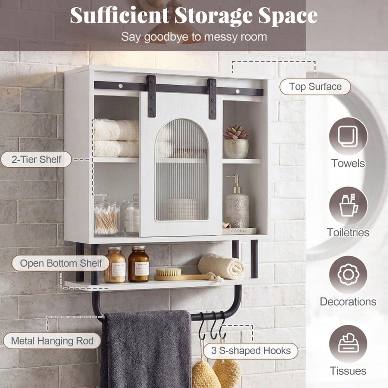 Vebreda Bathroom Wall Cabinet with Sliding Barn Door and Metal Hanging Bar with 3 Hooks, Stylish Farmhouse/Industrial Charm, Secure Wall Mounting