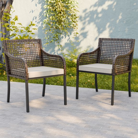 INTER HUT Palm Serenity Outdoor Dining Wicker Chair with Cushion, Patio Armchair Seating with Cushion, Set of 2