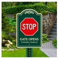 Stop Gate Opens Toward Vehicle Décor Sign, Greeen Dark, 12x18 Inches