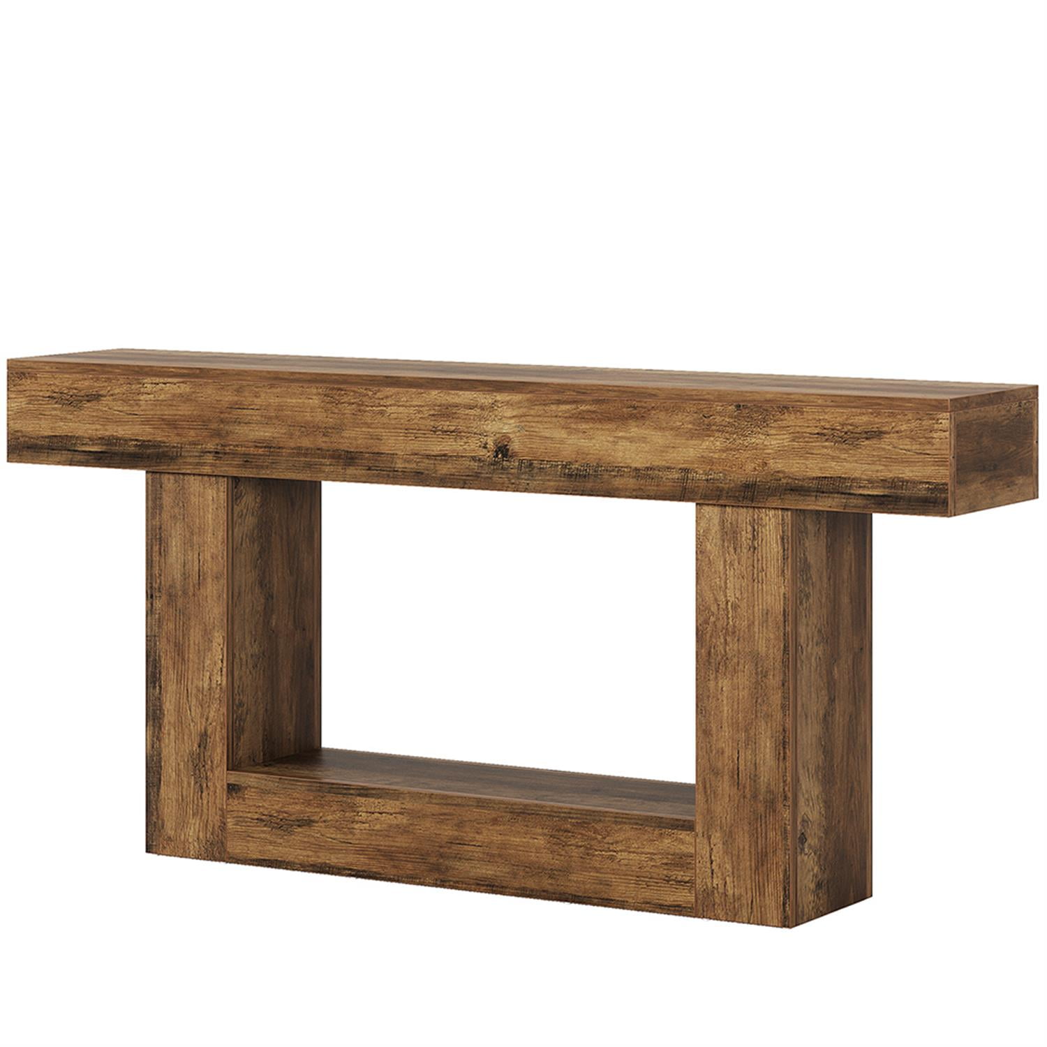 Demi Bonn 63" Wood Console Table, Farmhouse 2-Tier Sofa Table Entryway Table, Foyer Display Table, Brown