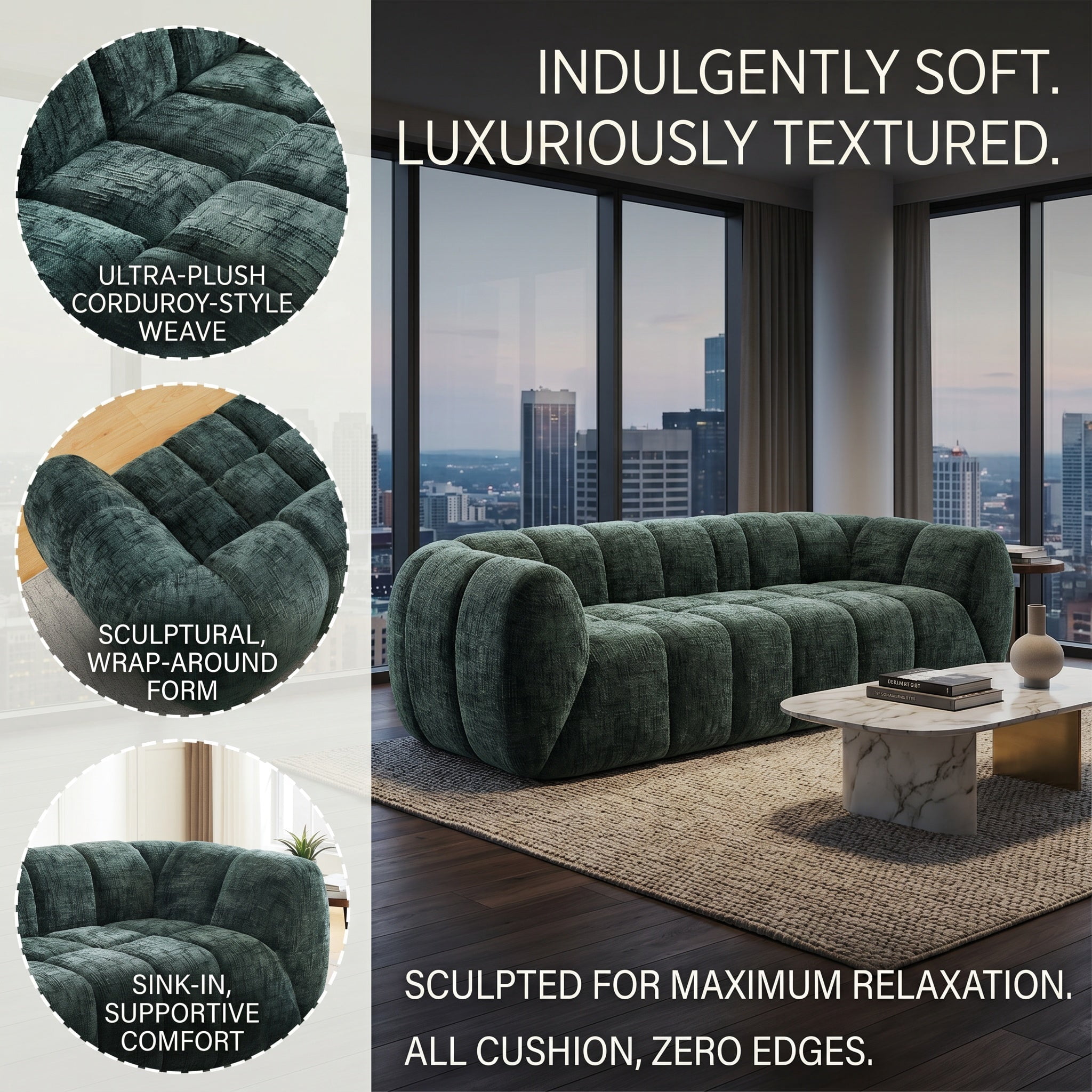 Sailvan 3-Seater Modern Quilted Cloud Sofa, Deep Seat Chenille Pure Foam Couch for Living Room Green