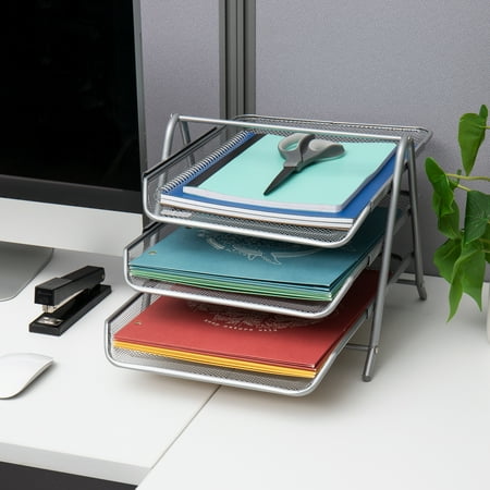 Mind Reader - Desk Organizer with 3 Sliding Trays - Silver