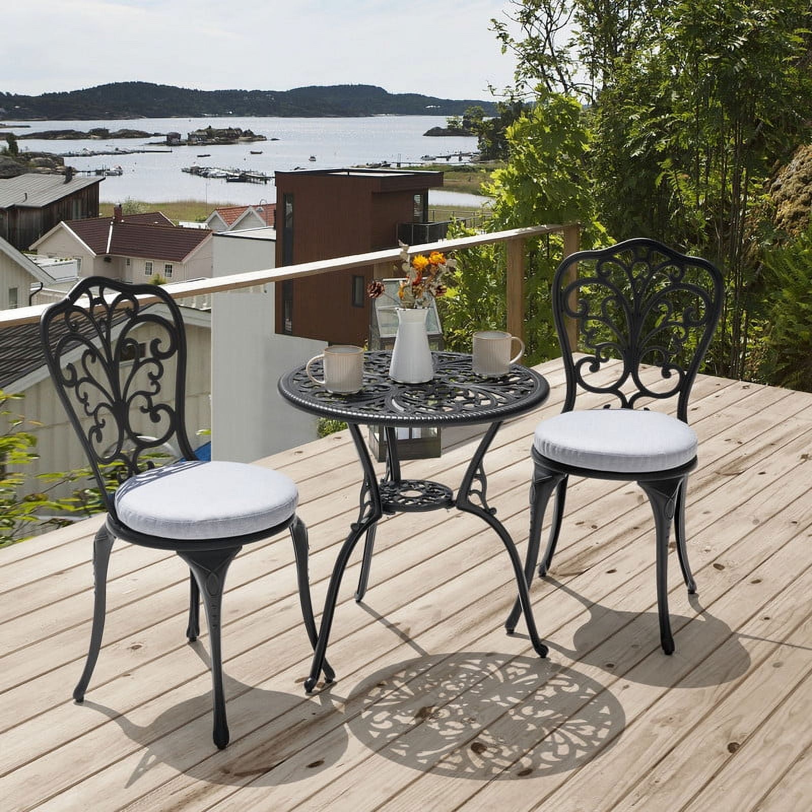 Nuu Garden 3-Piece Outdoor Bistro Set with 1.4'' Thick Cushions, Round 24 Inch Cast Aluminum Round Table with 1.77'' Umbrella Hole and 2 Cast Aluminum Armless Chairs, Black