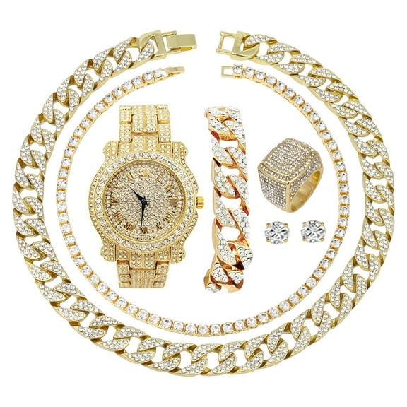 Fully Bling-ed Out Round Luxury Mens Watch w/Bling-ed Out Cuban Chain Bracelet, Cuban Necklace, Tennis Chain & Ring Size 11- Gold - L0504BNTG (11)