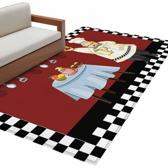 Fat Chef Area Rug 3x5 FT, Non Slip Entryway Bedside Carpet, Black White Checkered Farmhouse Red Kitchen Cook Washable Soft Floor Carpet Indoor Mat Non-Shedding Throw Rug for Dorm Kitchen Home Office