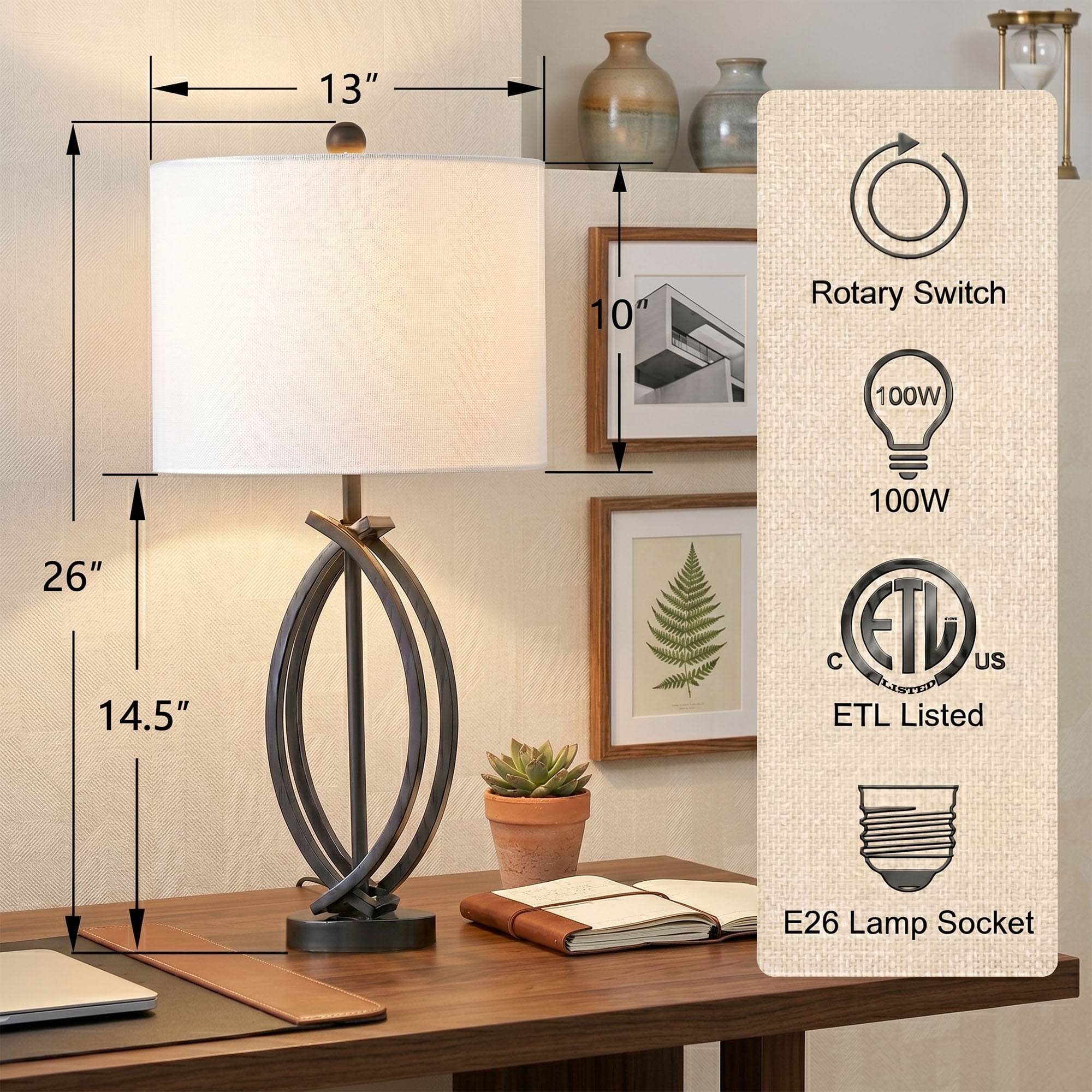 Maxax 26" Table Lamps for Living Room Set of 2, Dimmable Black Lamps for Bedroom Nightstand, Industrial Metal End Table Lamps