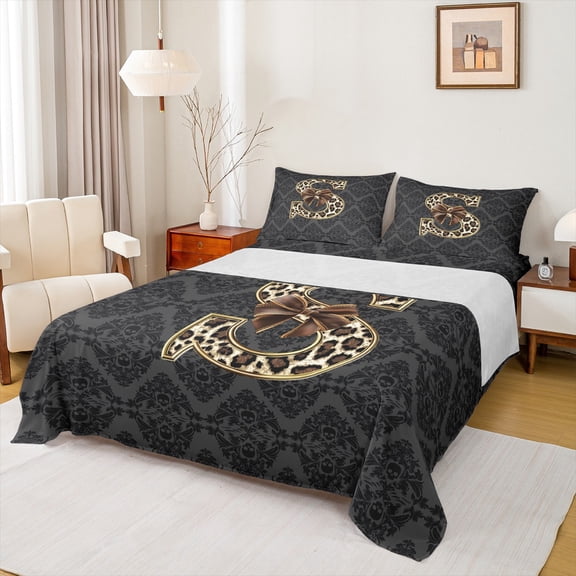 Homewish Bow Letter Monogrammed S 3pcs Twin Sheet Sets for Teens,Leopard Print Twin Fitted Sheet,Abstract Bohemian Damask Breathable Flat Sheet,Breathable Home Decor