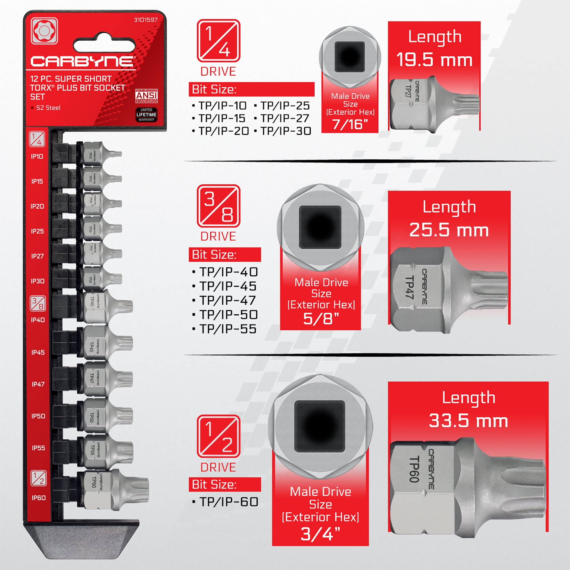 Carbyne 12-Piece Torx Plus Super Short Low Profile Bit Socket Set, 6 Lobe, Tp10 to Tp60, S2 Steel, Dual-Drive, 1/4 3/8 1/2 in. Drive, Genuine Licensed