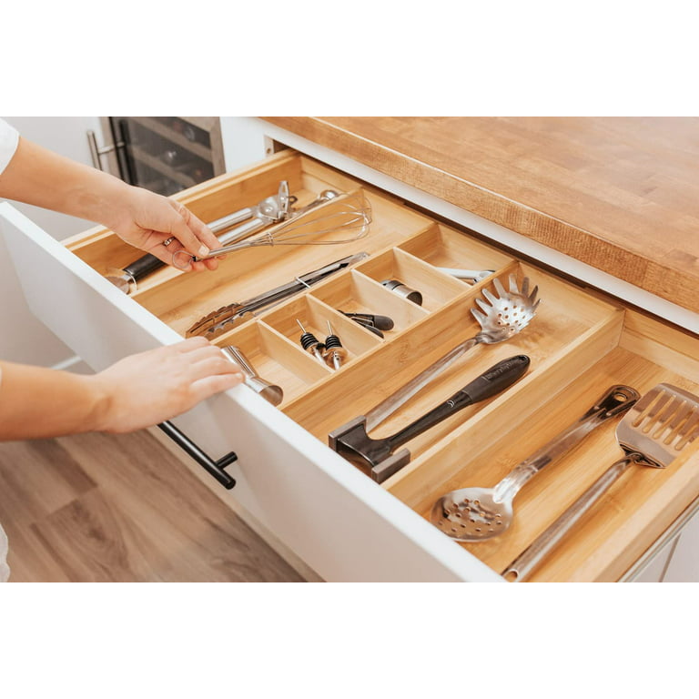 KitchenEdge Premium Silverware Flatware and Utensil Organizer for Kitchen Drawers Expandable to 25 Inches Wide 10 Compartments 100% Bamboo