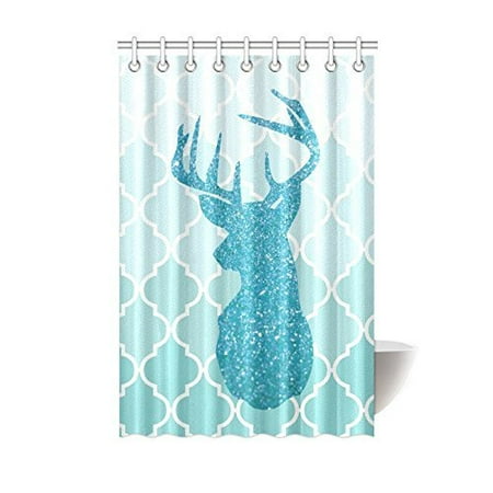 Teal Green Decor GreenDecor Glitter Deer Head In Teal Moroccan Tile Quatrefoil Waterproof Shower Curtain Set with Hooks Bathroom Accessories Size 48x72 inches ()