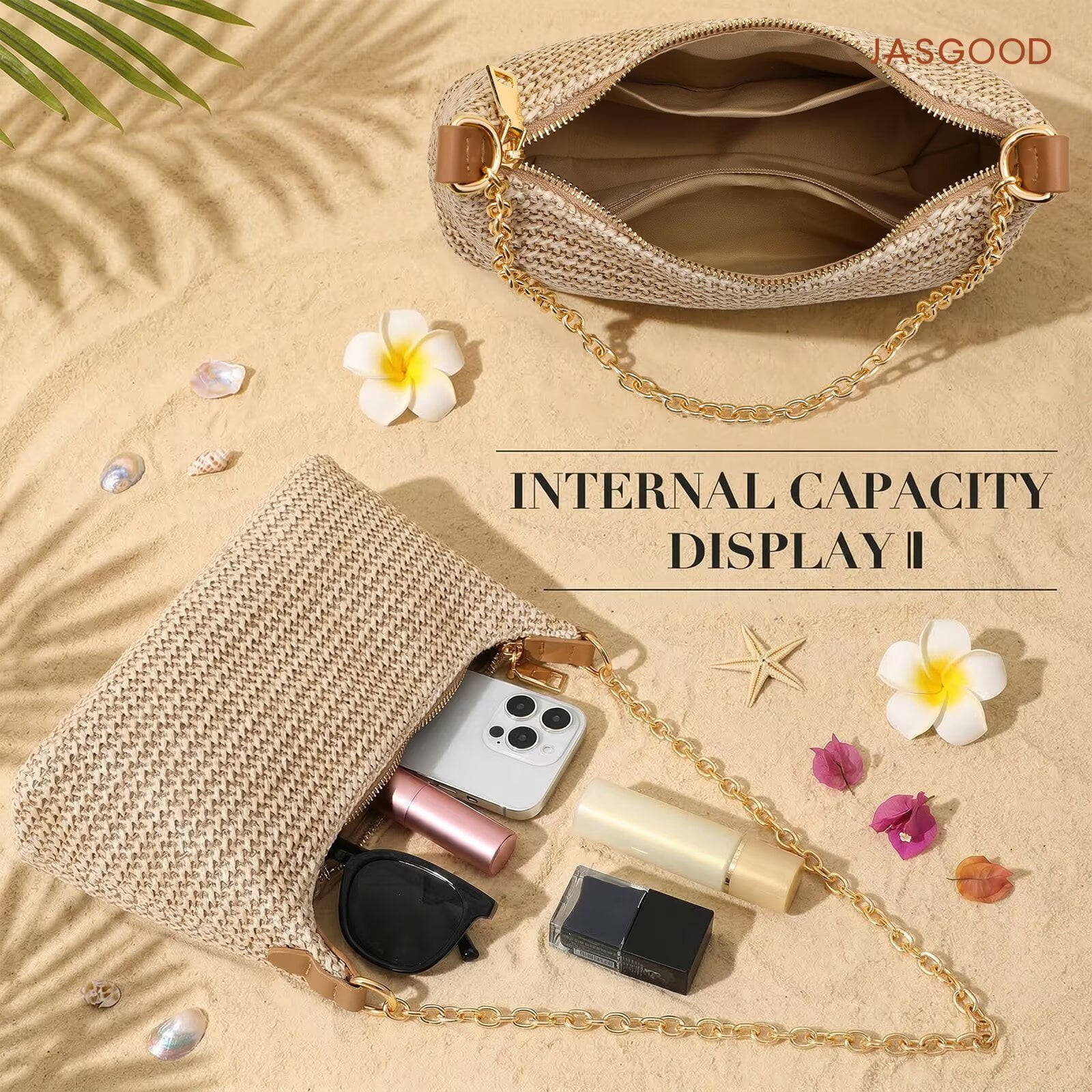 JASGOOD Beach Bags for Women Summer Straw Purse Boho Woven Shoulder Bag Vacation Handbag Crochet Purse