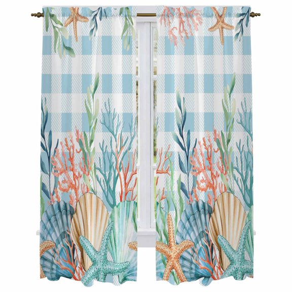 Nautical Coastal Kitchen Curtain for Berdoom Living Room Cafe 72 Inch Length, Summer Beach Shell Coral Seaweed Blue Plaid Tiers Curtains Light Filtering Drapes Window Treatment 2 Panels 52"Wx72"L