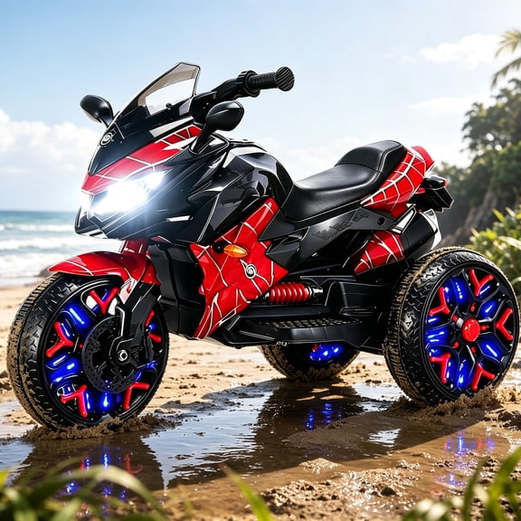 Spider Motorcycle for Toddler 3-6, Kids Ride On Toy with PU Seat and Light-Up Wheels, Hand Throttle