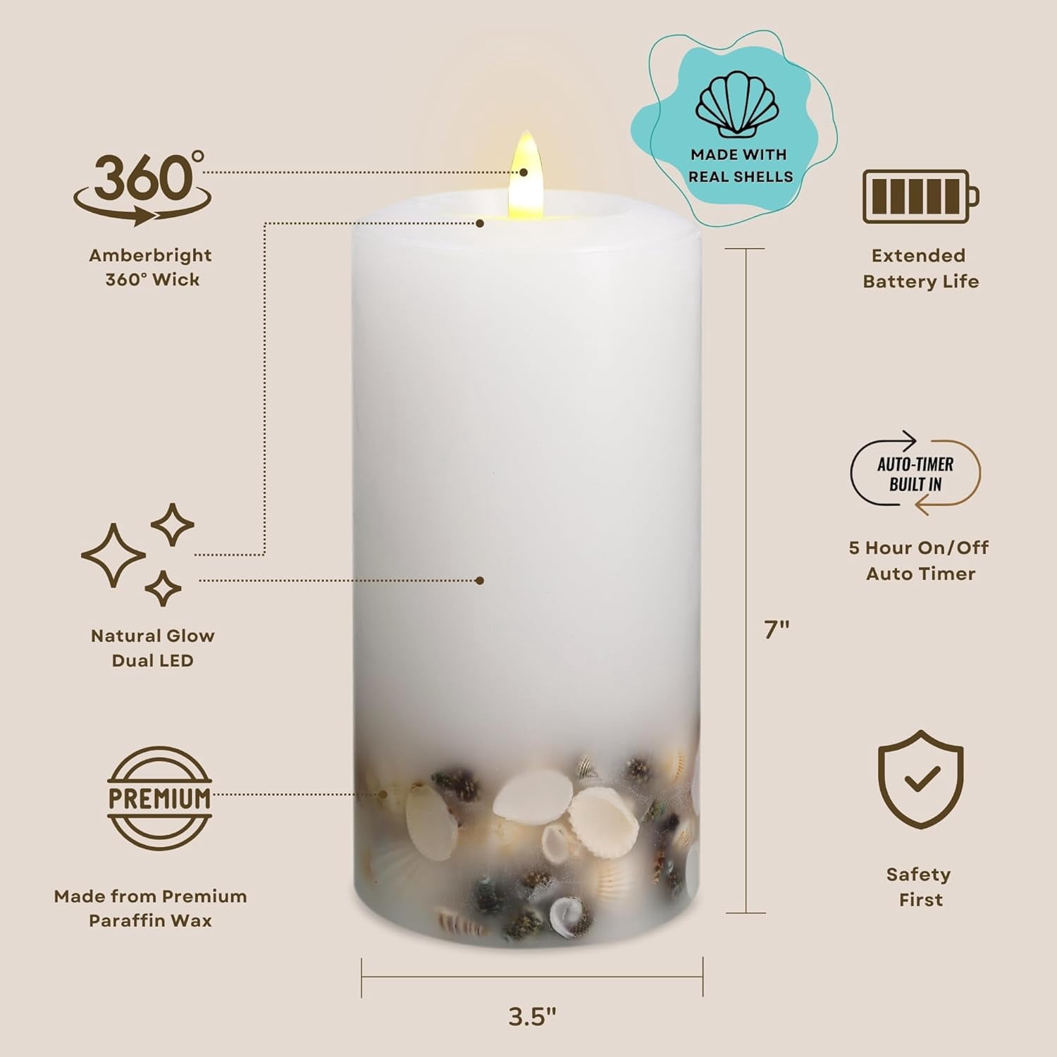 LUMIPUR Signature Coastal Collection Natural Glow Flickering Flameless LED Wax Pillar Candle with Seashell Embed (White, 3.5" x 7")